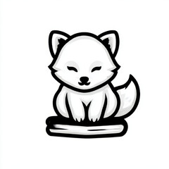 Adorable cartoon fox, serene and cute, sitting on a book on a white background with copy space