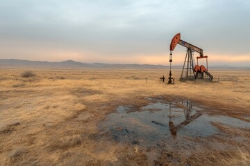 Oil field with pump jacks operating in desert landscape