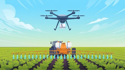 Modern agriculture and drone technology in action overseeing a tractor sprayer in a lush green crop field