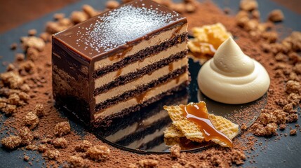 Luxurious chocolate toffee layer cake with glossy mirror glaze revealing multiple mousse layers accompanied by honeycomb shards and cream quenelle on dark slate