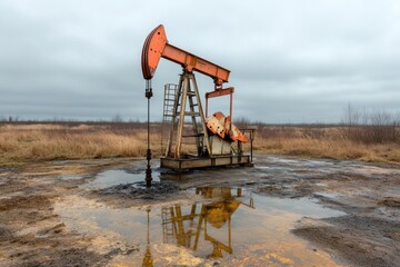 Oil pump jack extracting crude oil in desert oil field