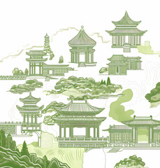 Traditional Chinese Architectural Landscape Illustration