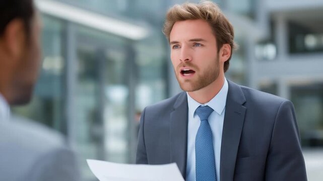 A cinematic scene of a suited salesperson exaggerating a pitch to a client in a sleek, glass-walled office.