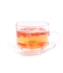 Red Goji Berry Herbal Tea in Glass Cup on White Background - Healthy Superfood Drink