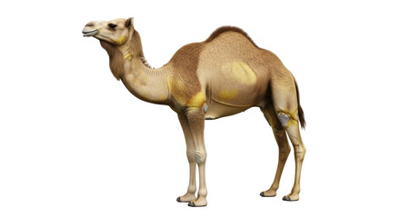 Isolated dromedary camel in full profile view, one hump, long neck, tan body, standing