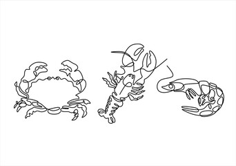 Crab, Lobster, and Shrimp Line Art. line icon-continuous line drawing. Editable stroke. 