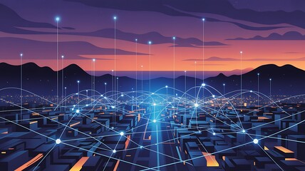 Modern cityscape illustration showcasing technological advancements and interconnected digital networks at dusk with mountains.