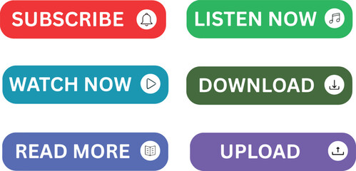 Set of vector web buttons with hand cursor click icons, including Subscribe, Watch now, Download, and upload now designs.