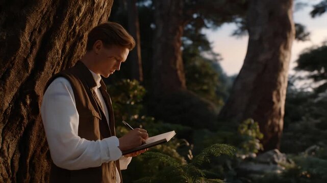 A ranger discovers mysterious alien symbols carved into trees in a dense forest at twilight, captured in a cinematic wide-angle shot.