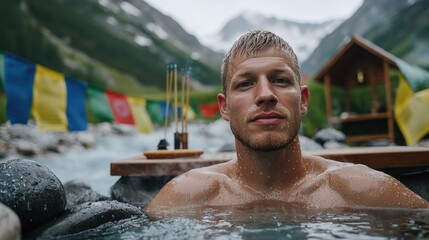 Young blonde man enjoying cold water therapy in natural stone pool with colorful prayer flags in scenic mountain meditation corner setting