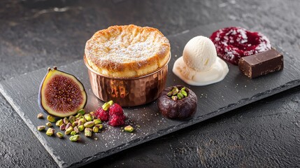 Chocolate souffle dessert plating with copper ramekin on slate board featuring fresh fig, vanilla ice cream, pistachios, raspberries and chocolate garnish