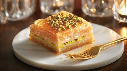 Traditional pistachio baklava slice with golden honey syrup and crushed green pistachios on white ceramic plate with gold fork in elegant restaurant setting