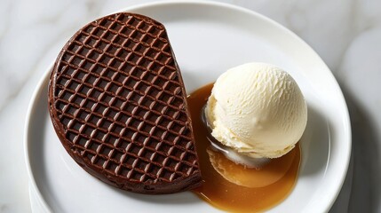Chocolate tuile wafer with crosshatch pattern served alongside vanilla ice cream scoop and caramel sauce on white ceramic plate in fine dining setting