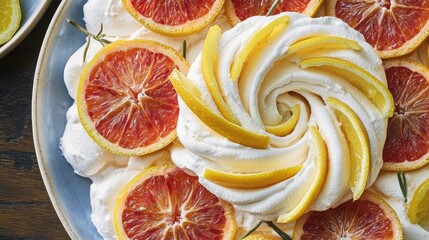 Deconstructed citrus pavlova with candied grapefruit wheels and lemon strips arranged in spiral meringue rosette pattern, gourmet dessert plating on ceramic plate