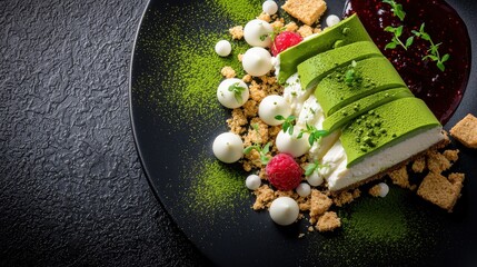 Deconstructed matcha cheesecake with white chocolate spheres, graham cracker crumble and raspberry garnish on elegant black ceramic plate in fine dining style