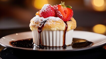 Golden strawberry soufflé with dark chocolate sauce dripping down white ramekin, fresh berries and powdered sugar, elegant restaurant dessert presentation