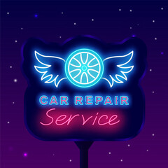 Car repair service neon street billboard. Wings and gear wheel. Glowing outdoor banner. Vector stock illustration