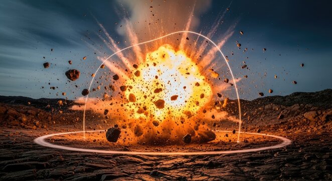 A fiery explosion in a rocky desert landscape with a glowing, circular trail of light.