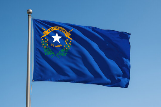 Nevada state flag with silver star and Battle Born motto

Official flag of Nevada waving on a clear day

Blue Nevada banner with star, sagebrush wreath, and golden scroll