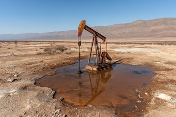 Fototapeta premium Oil well being drilled in arid desert landscape
