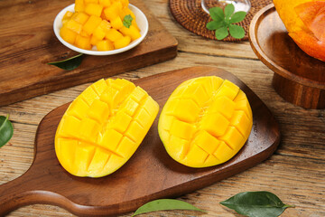 Ripe Hainan Sweetheart Guifei Mango Slices on Wooden Board - Fresh Tropical Fruit