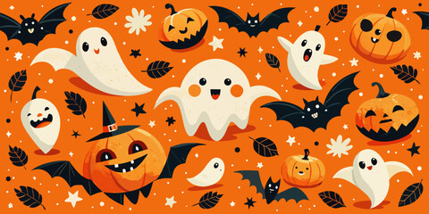A seamless Halloween background with a cute cartoon pumpkin, cat, and bat pattern