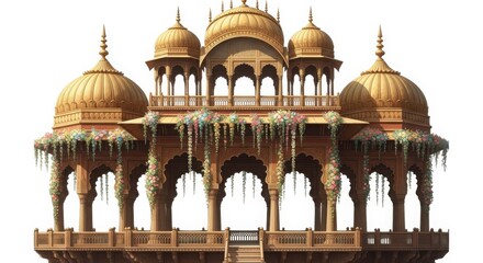 Ornate indian temple pavilion with golden domes isolated on white background