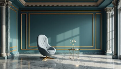 Elegant blue interior space with a button tufted chair and a golden framed wall design basking in the light of day