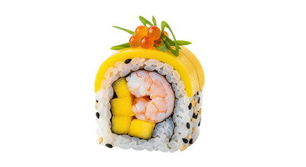 Isolated sushi roll with shrimp, mango, and salmon roe, a gourmet seafood delicacy for lunch