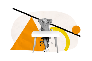 Composite trend artwork sketch image collage of element geometry hurdle small aged lady sit table office armchair relax comfort triangle