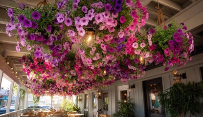 Fototapeta premium Hanging flower displays adorn a covered outdoor patio