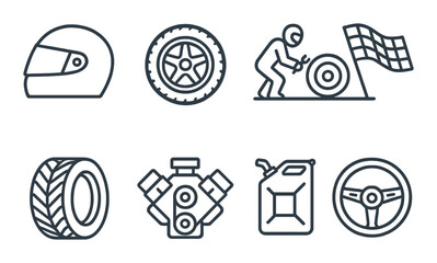 Racing icons: helmet, tire, flag, gear, engine, steering wheel