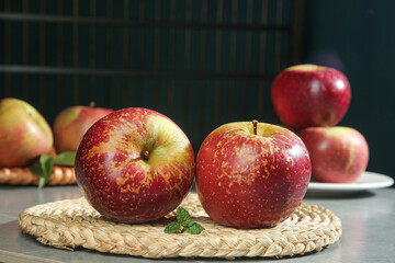 Fresh Red Apples on Wicker Mat - Healthy Fruit Display Kitchen Food Photography