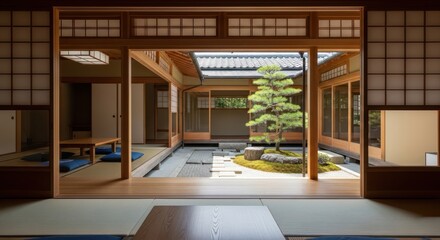 Traditional Japanese Interior Design with Courtyard Garden View.