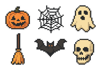 Retro halloween pixel art: pumpkin, ghost, skull, bat, web, broom
