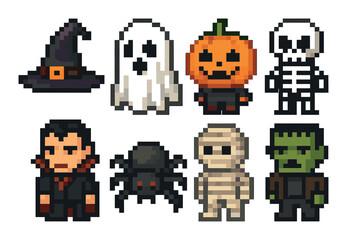Pixel art halloween characters: witch, ghost, pumpkin, skeleton, vampire, spider, mummy, frankenstein