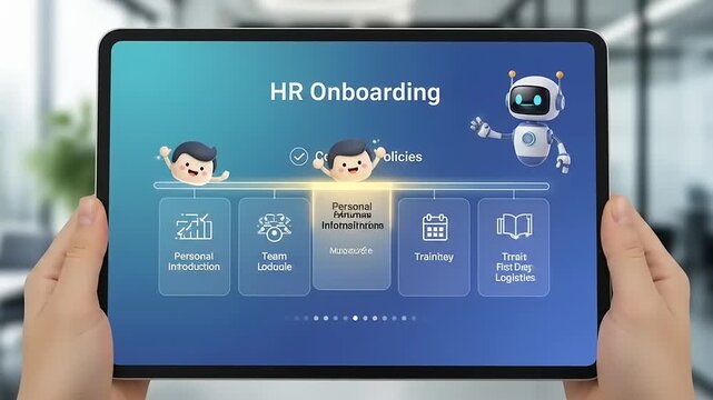 Digital HR onboarding interface displayed on a tablet, showcasing personal information module with animated characters