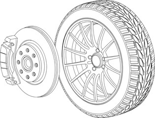 Detailed car wheel and brake disc line art representation