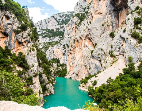Mountainous canyon, turquoise lake, dramatic cliffs