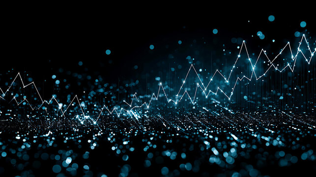 Digital data visualization with glowing line graphs and particle effects on a dark background