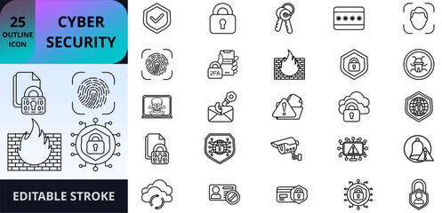 A modern set of 25 editable outline icons for cybersecurity, privacy, and secure digital services. Includes symbols for encryption, authentication, firewalls, malware, phishing, VPN, cloud security