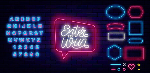 Enter to win neon lettering label. Glowing sign for casino. Present and bonus. Vector stock illustration