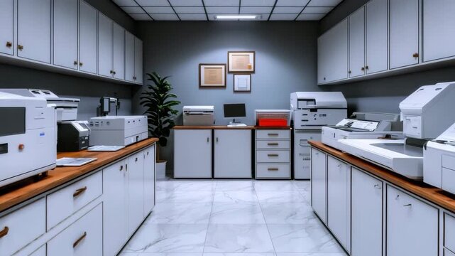 Office printing room with multiple printers and organized workspace during day hours