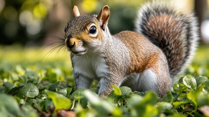 Naklejka premium Curious grey squirrel foraging in park foliage
