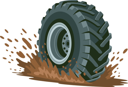 Giant off road tire driving through mud splashing water and dirt exciting adventure