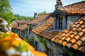 Historic houses with terracotta tiled roofs under sunny sky