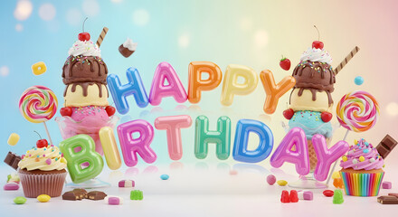 A whimsical Happy Birthday celebration with colorful vector sweets that seem to fly and float, a fantastical flying candy land greeting card design