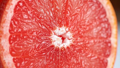 Close-up shows the fleshy, vibrant, textured interior of a sectioned grapefruit fruit