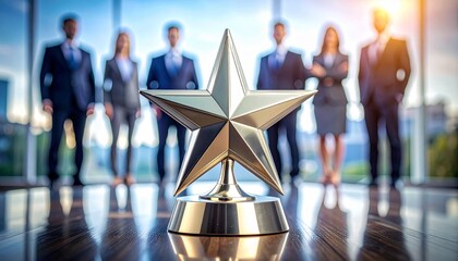 Metallic star trophy on desk with blurred business team—evoking recognition, excellence, and corporate achievement.