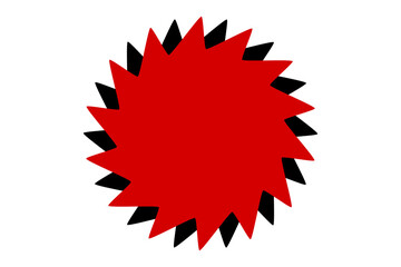 Red starburst badge with black outline spikes for discount tag, sale sticker, promotional label, highlight symbol, and graphic design element